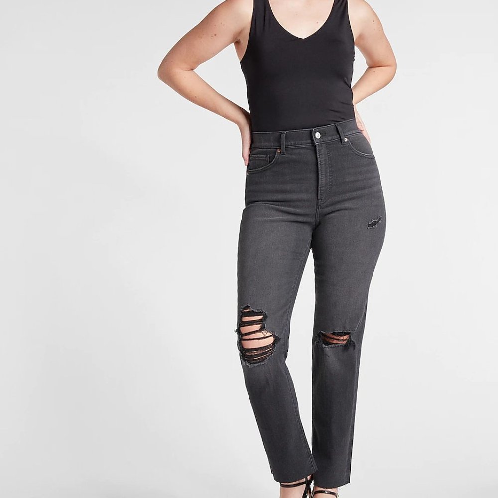 Super High Waisted Black Ripped Modern Straight Jeans